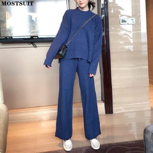 Solid Basic Knitted Pants Set Women O-neck Sweater + Wide Leg Pants Set Vintage Elegant Thicken Warm Two Piece Set 2021 Winter