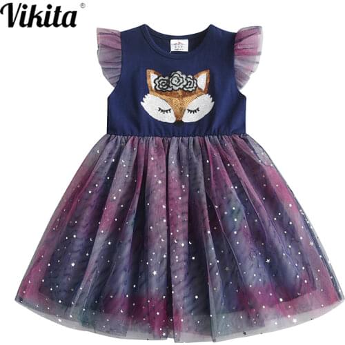 VIKITA Girl Dress Summer Kids Flare Sleeve Dress Sequins Cartoon Dresses Kids Princess Party Elegant Vestidos Children Clothing