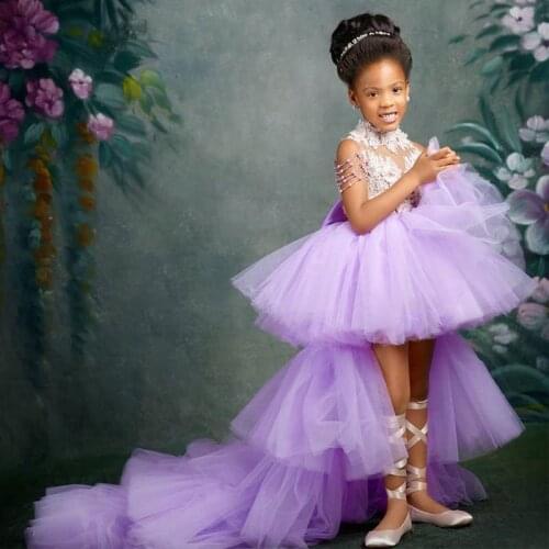 Luxury Lace Applique Beading Princess High Low Purple Flower Girls Dresses High Low Girls Purple Birthday Party Dresses Custom