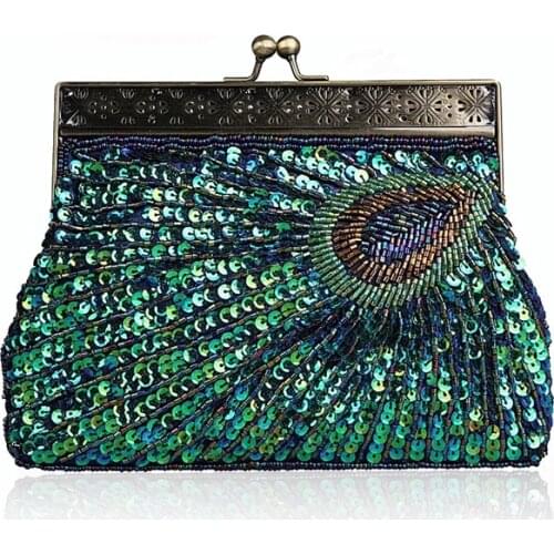 Luxurious Vintage Womens Beaded Bling Sequin Peacock Day Clutch Evening Bag Wedding Bridal Party Prom Chain Handbags and Purse