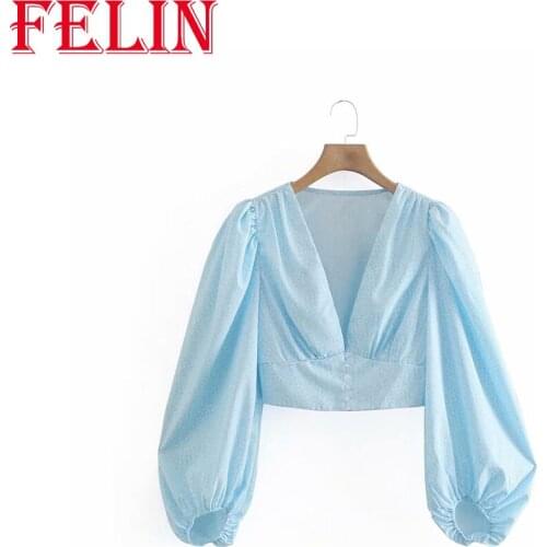 FELIN Za 2021 Women Weaving Shirts Oversized V-Neck Female Streetwear Loose Light Blue Fashion Puff Sleeve Chic Mujer Top
