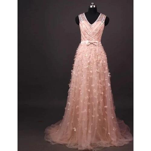 Wow Bridal Pink V-Neck Chiffon A-line Evening Dress Luxury Beaded Formal Dresses with See Through Back