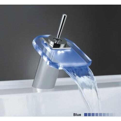 Bathroom sink basin faucet LED waterfall, Brass wash basin faucet glass hot and cold, Copper single holder faucet mixer pull out