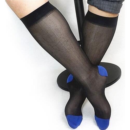 Ultra Thin Sheer Men Formal Socks Knee High See through Dress Suit Socks Hose for Gay Fetish Collection Striped Male Stocking