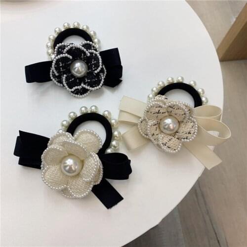 Vintage Pearl Fleece Camellia Elastic Hair Band Tie Broo for Women Girl Autumn Winter Accessories Rubber Wholesale Drop Shipping