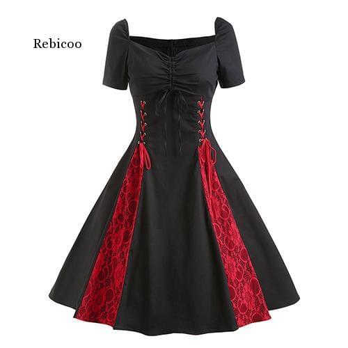 Vintage Gothic Lace Up Dress Women Dresses Cotton Zipper Pleated Lace Female Elegant Plus Size Party Bandage Dresses