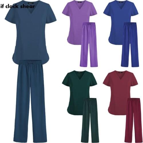 Summer Womens Work Uniforms Unisex V Neck Short Sleeve Shirts Pocket Care Workers Tops Blouses Working Clothing Top+pants Suits