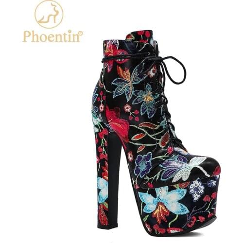 Phoentin flower print super high heels booties female high platform boots side zip closure 2020 new arrival lace up shoes FT1039