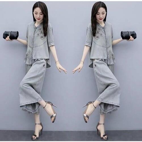 Cowboy Set Women Summer Fashion 2021New Ethnic Style Denim Jacket Wide Leg Pants Female Two-Piece Embroidered Denim Suit Top 725