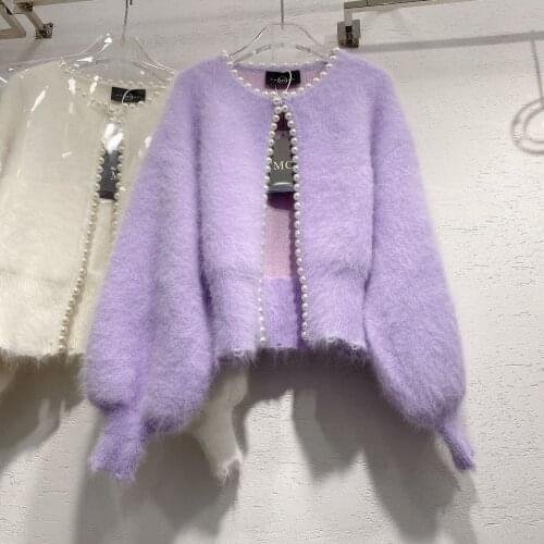 Purple Cardigan Fake Mink Knit Cardigan Women Pearls Edged Open Stitch Sweater Coat Shrug 2021 New Kimono Cardigan Black Sweater