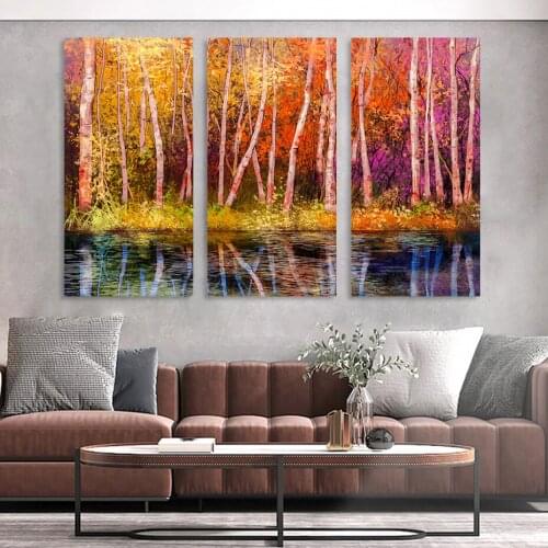 Nordic Landscape Trees Forest Autumn Poster Canvas Painting Wall Art Print Picture for Living Room Interior Home Decor 3 PCS