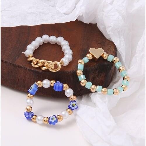 3Pcs Retro Crystal Multi Beaded Pearl Rings Natural Freshwater Pearl Geometric Rings for Women Continuous Circle Minimalist Ring