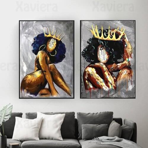 Abstract African Girl Black Queen Pictures Nordic Wall Art Posters and Prints Modern Minimalist Graffiti Crown Canvas Painting