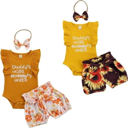 FOCUSNORM 3pcs Baby Girls Clothes Sets 0-24M Letter Ruffles Sleeveless Romper Tops Flowers Shorts Headband