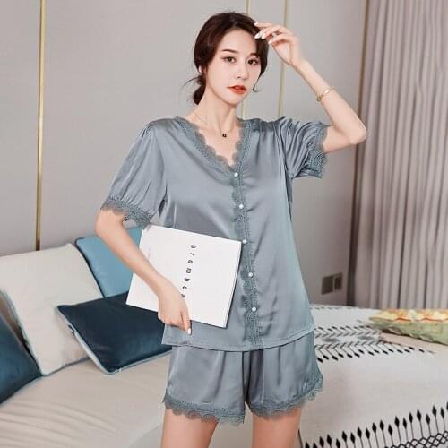 2021 Summer New Womens Pajamas Sets Sexy Lace Edge Breathable V-neck Short Sleeve Shorts Nightwear Suit Home Wear Sleepwear