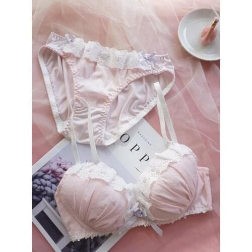 Japanese Sexy Push Up Bra and Panty Set Cute Lolita Lace Blue Pink Seamless Lounge Underwear Women Lingerie Thong Panties Set