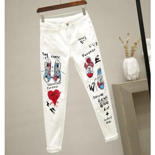 Fashion Print Casual Jeans Pants Women Slim Fit Denim Pant Jean Ladies Hip Hop Streetwear Trousers Clothing white