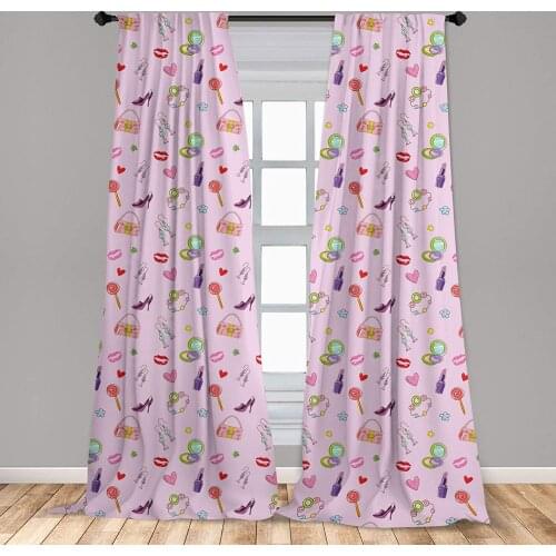 Cartoon Curtains Girls with Fashion Accessories and Makeup Lollipop Flower Print Window Drapes for Living Room Bedroom