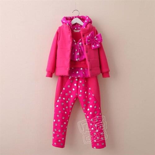 2015 winter Korean version new styles girls polka dot bow long sleeve pullover long pants and hooded vest sets TZ-2071