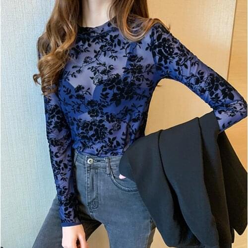 Autumn Womens Tops Office Lady Mesh T Shirt Lace Feminine T-shirt Perspective Shirt Female Fashion T-shirt Plus Size XXXL