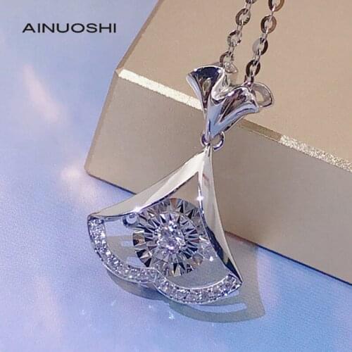 AINUOSHI 18K Gold Round Cut 0.085ct Real Diamond Waves Pendant Necklace for Women Wedding Emgagemeng Charm Jewelry Gift 18