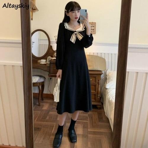 Dress Womens Autumn Fresh High Waist A-Line Dresses Bow Knot Girls Preppy Style Long Sleeve Casual Trendy Students Retro Vintage