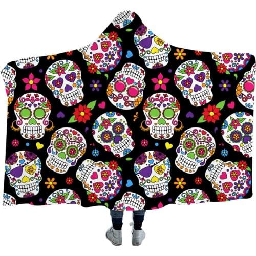 Skull 3D Print Plush Hooded Washable Blanket for Adult Child Sofa Quilt Warm Wearable Fleece Throw Blanket Home Office