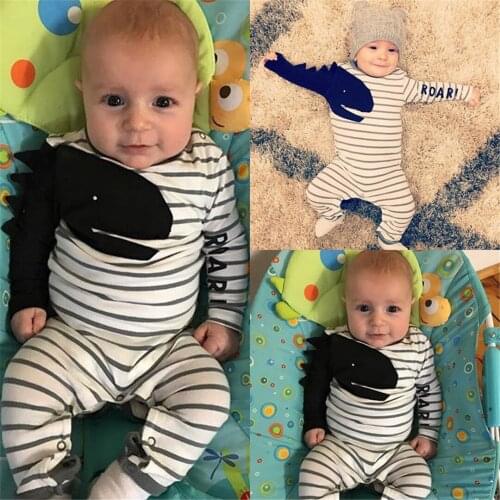 Dropshipping Newborn Toddler Infant Baby Boy Girl Long Sleeve Dinosaur Romper Jumpsuit Striped Outfits Set Boy Cool Clothes