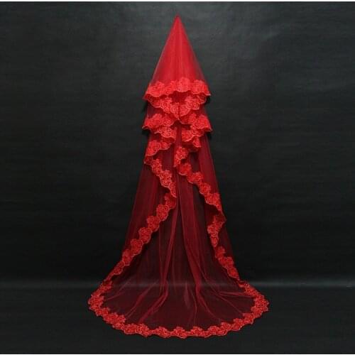Retro Red Cathedral Long Lace Wedding Veil 2019 Tulle with Appliques Bridal Veil