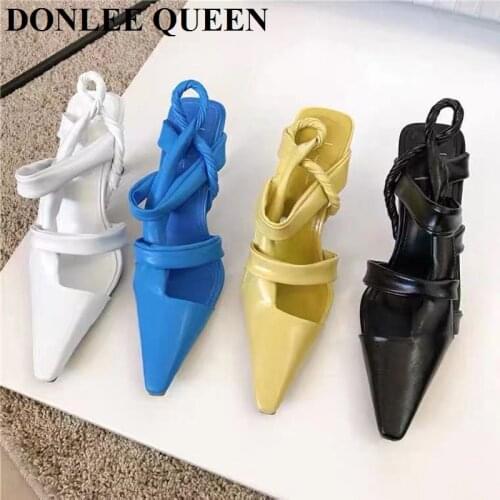 Women Pointed Toe High Heel 8.5cm Slingback Sandals Brand Pleated Mule Shoes For Party Dress Fashion Pumps 2021 Spring Footwear