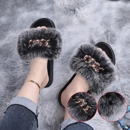 New Sandals Furry Fur Slippers Fluffy Flip Flops Chain And Fur Slides For Women Ladies House Slippers Outdoor Party Flat Shoes