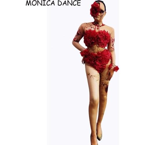 Stage Festival Halloween Prom Party Role Play Red Flowers Ghost Mask Performance Jumpsuit DJDS Bar Nightclub Cosplay Costume