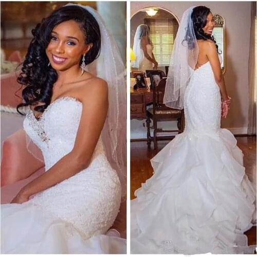 Sexy Mermaid Wedding Dresses Beads Sequins Layered Skirt Plus Size Wedding Dress Count Train Shinning Zipper Back Bridal