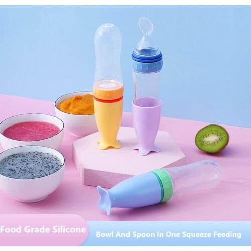 90ml Silicone Soft Head Rice Cereal Spoon Squeeze Fruit Puree Feeding Spoon Rice Cereal Bottle Food Supplement Training Spoons