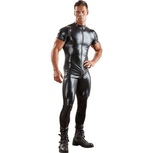 Faux Leather Sexy Lingerie Wetlook Catsuit Jumpsuit for Men Short Sleeves Zipper Open Crotch Zentai Leotard Plus Size XL 2XL 3XL