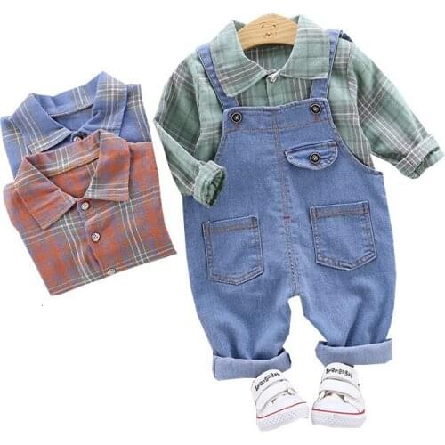New Baby Spring Autumn Children Outing Clothes Toddler Boy Girls Lattice Cotton Shirt Bib Pants 2Pcs/sets Infant Kids Tracksuits