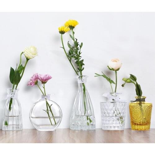 Glass Bottle Small Bud Dried Flower Vase Embossed Clear Wedding Decor Hydroponic Potted Plant Holder Home Decoration Living Room