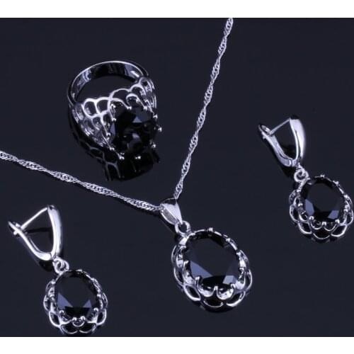 Stylish Oval Egg Black Cubic Zirconia Silver Plated Jewelry Sets Earrings Pendant Chain Ring V0275