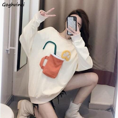 Hoodies Women Pattern Patchwork O-neck Long Sleeve Thicken Loose Korean Style Simple Design Slouch Kawaii Casual Students Chic