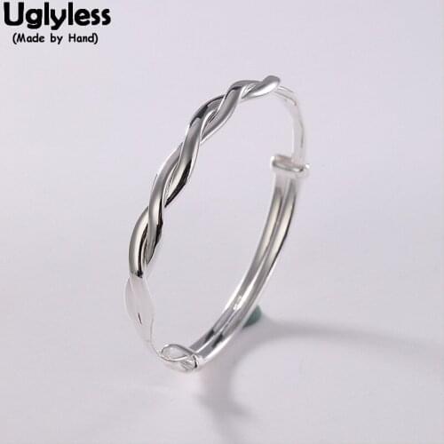Uglyless 1 Piece Push-pull Twist Bangles for Women Solid 99.9% Fine Silver Adjustable Bangles Glossy Sisters Bracelets Jewelry
