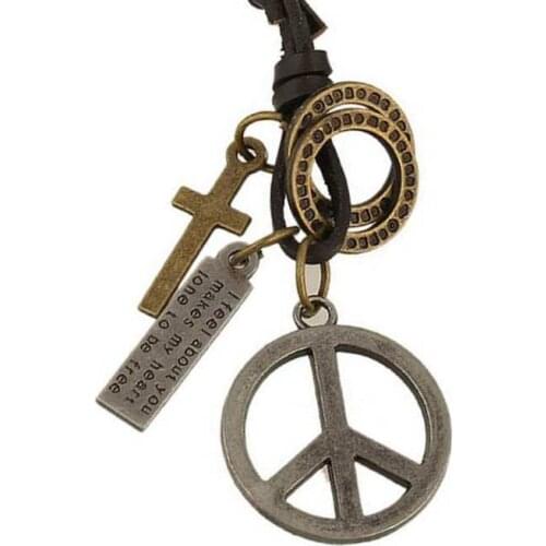 Antique Vintage Cross Dog Tag Hollow Peace Symbol Pendant Necklace Men Long Brown Leather Necklace Cord Men Jewelry Accessories