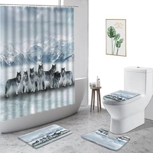 3D Snow Wolf Waterproof Shower Curtains Snowfield Wild Animal Printing Bathroom Set Non-Slip Carpet Toilet Cover Bath Curtain