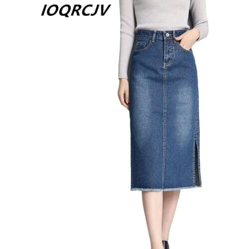2019 Spring Summer Women Long Denim Skirt Fashion Solid Tassel High Waist Slim Split Skirt Female Ladies Office Plus Size Q563