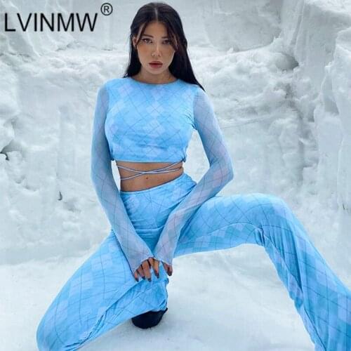 LVINMW Pant Suits Plaid Hit Color Slim Chic Blue Women Sets Lace Up Long Sleeve Tee Hips Lifting Edible Tree Fungus Flare Pants