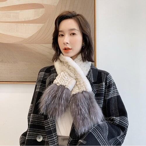Womens Real Rabbit Fur Scarf Fashion Style Muffler Silver Fox Fur Knitted Scarves S7704