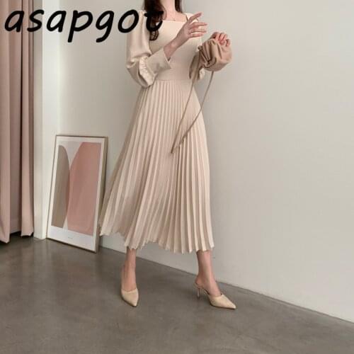 Asapgot Dress Women Autumn Ladys Slim High Waist Square Collar Pleated Dress Mid-calf Puff Long Sleeve Elegant Gentle Vestidos