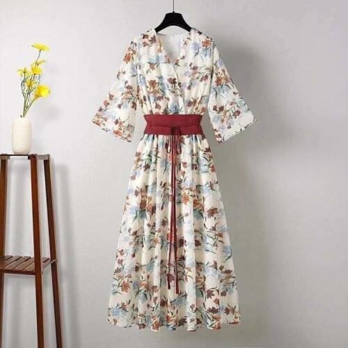 Summer 2021 New Chiffon Floral Print Dress Women Elegant Casual Fashion Chinese Hanfu Long Qipao Retro Kimono Ladies Beach Skirt