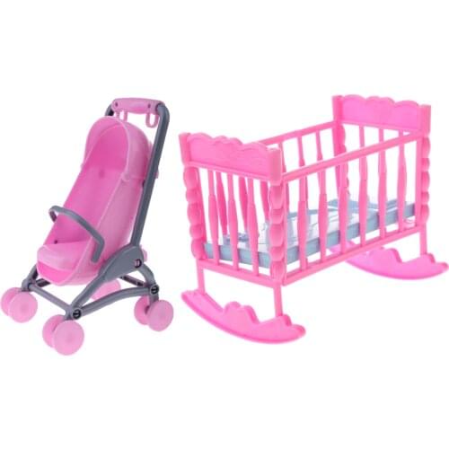1/6 Pink Baby Cradle Bed + Stroller Model Dollhouse Miniature Furniture for Blythe Dolls Accessory Kids Playset
