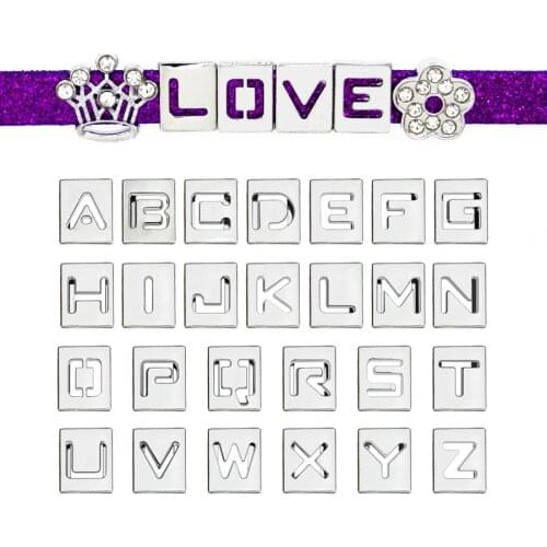 10 piece Internal Dia 8mm square hollow slide Charm gold color English letters DIY Accessories fit 8mm wide belt pet collar