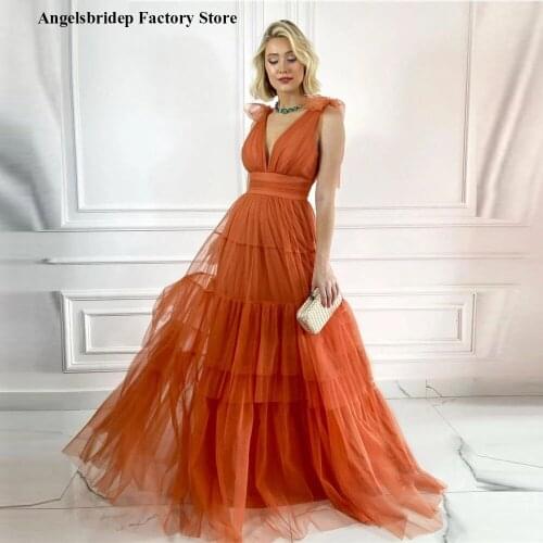 Angelsbridep 2021 A Line Orange Long Prom Dresses V Neck Ruffled Tiered Skirt Back Lace-up Evening Gowns Simple Party Dress